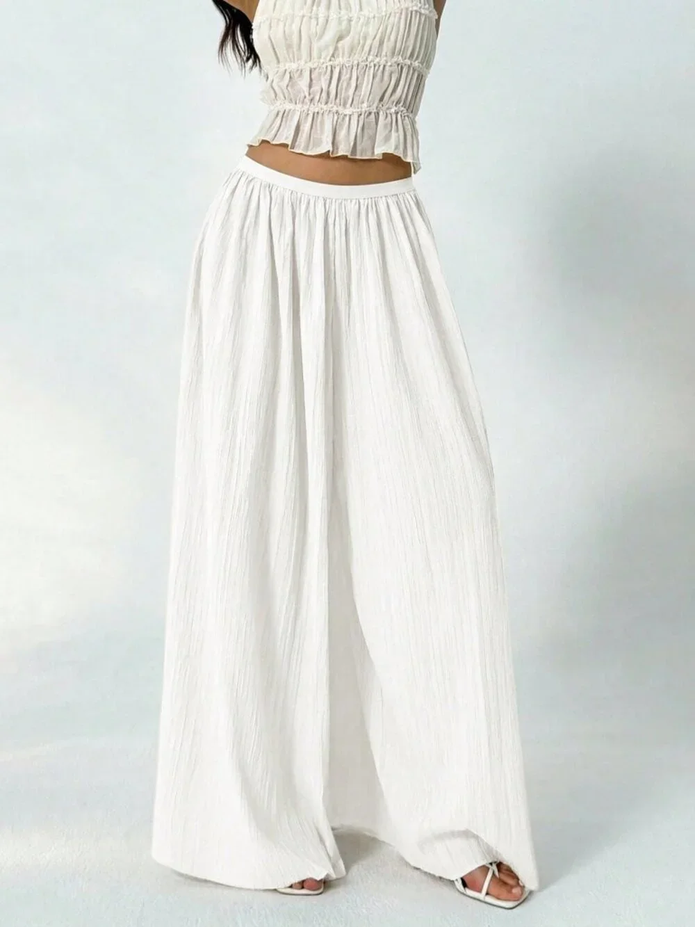 White Casual Women's Loose Textured Palazzo Pants